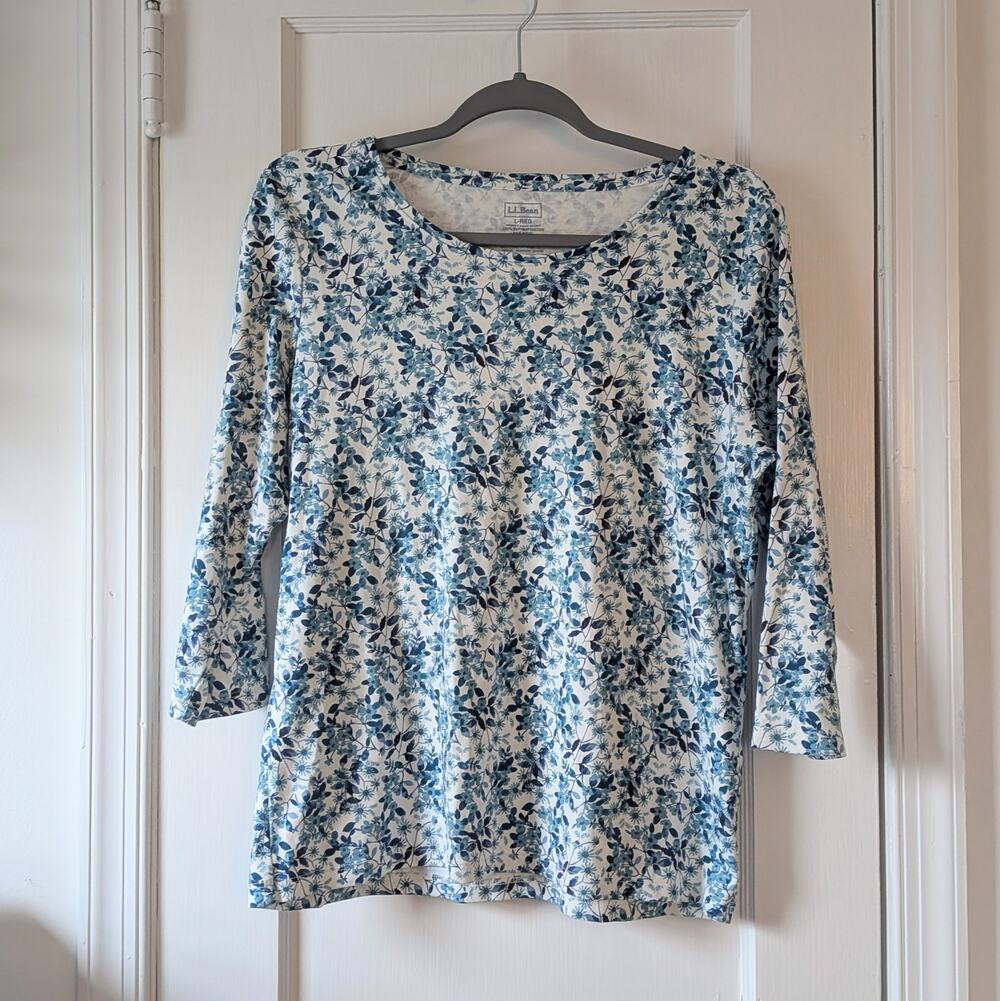 L.L. Bean 100% Supima Cotton Floral Print 3/4 Sleeve Tee Jewelneck Sz. L